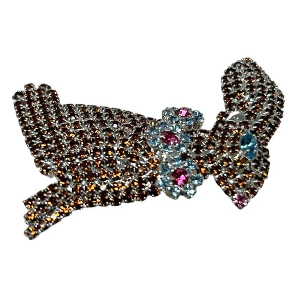Vintage Rhinestone Encrusted Rabbit Brooch Pin Accents No Lead Sparkle Teal Pink - Picture 5 of 10